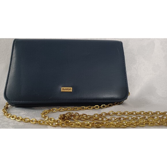 BUXTON SOFT LEATHER GOLD CHAIN STRAP BLUE CROSSBODY PURSE WALLET CLUTCH BAG - Picture 1 of 13